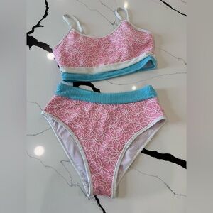 Pink lily Pink Floral High-Waist Bikini Set with Aqua Trim Large